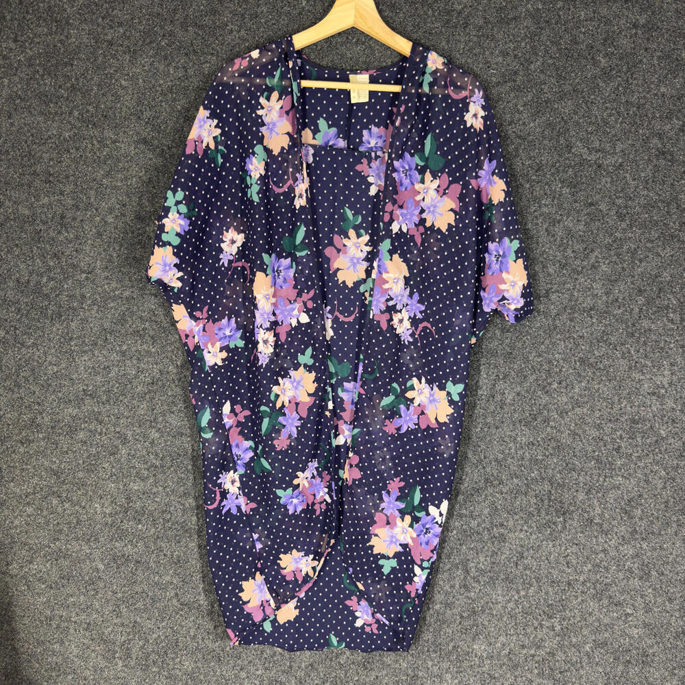 Japna Top Women M Medium Blue Floral Open Front Short Sleeve Sheer Casual